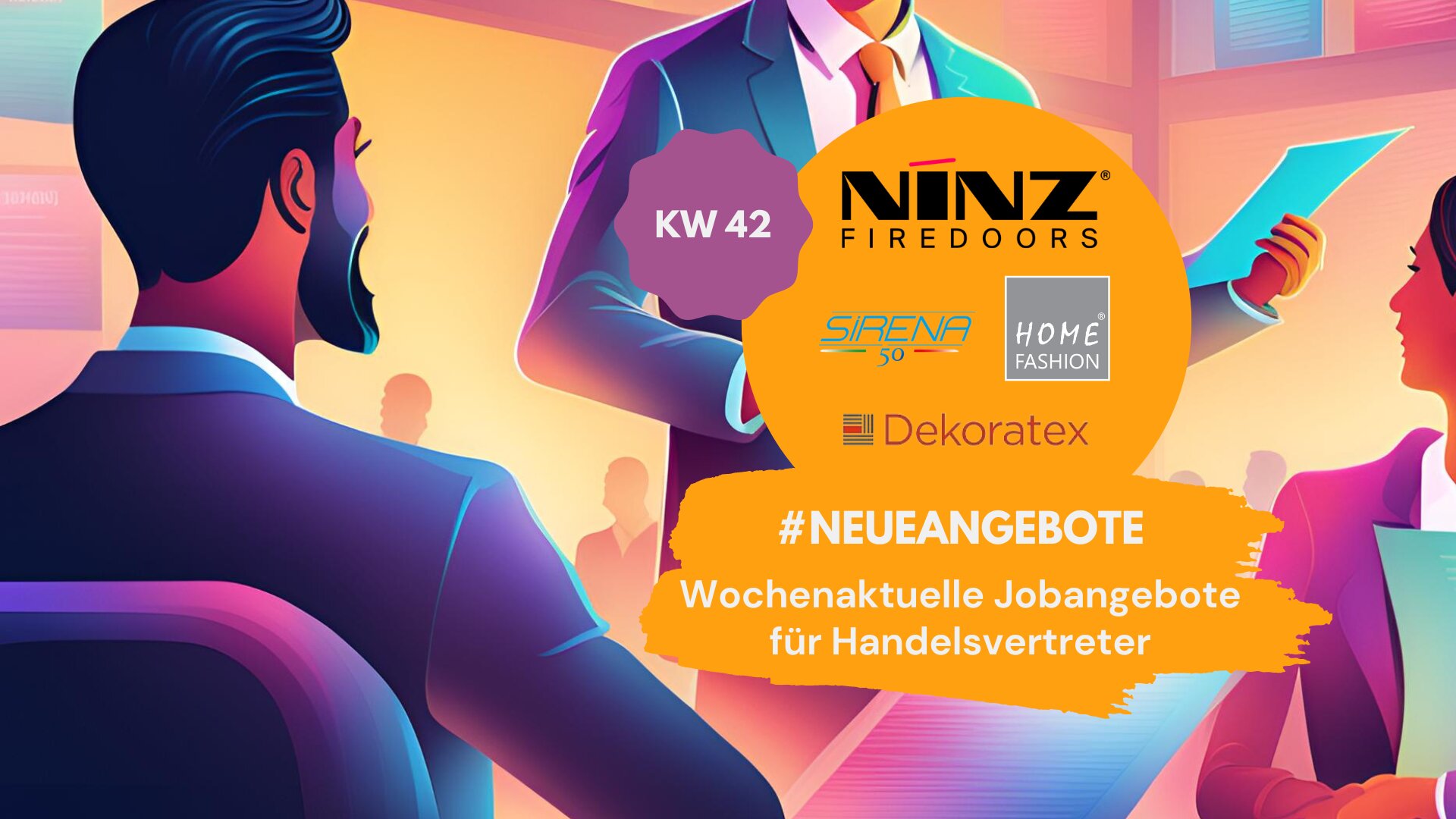 Illustration von Geschäftsleuten im Gespräch über neue Vertriebsangebote für Handelsvertreter in KW 42, mit Logos der Firmen Ninz, Sirena, Dekoratex und Home Fashion. Text: 'Neue Angebote, wochenaktuelle Jobangebote für Handelsvertreter.'