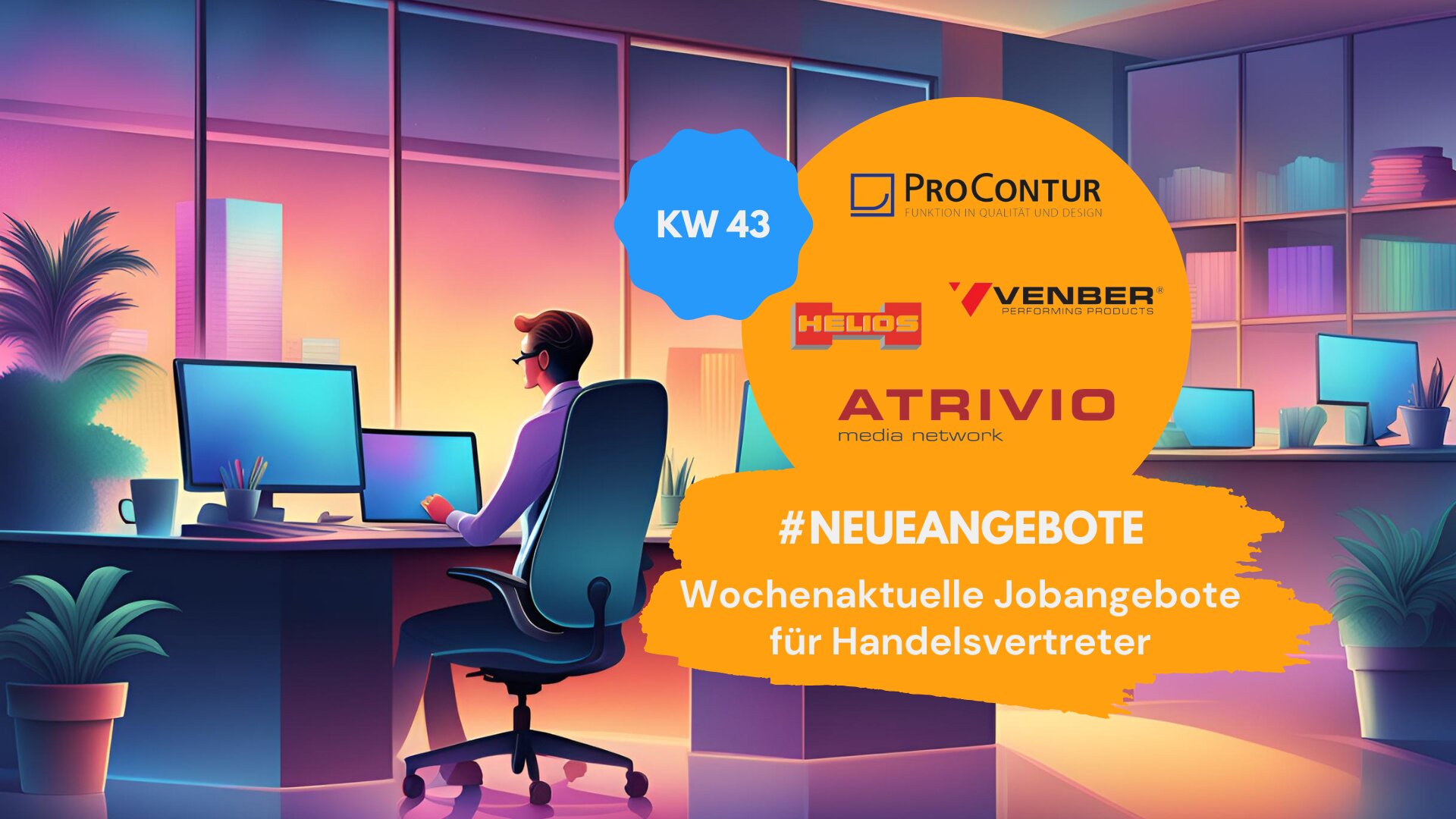 Grafik zu neuen Angeboten für Handelsvertreter in KW 43. Zeigt eine moderne Büroszene mit Schreibtisch und Computer im Vordergrund, während im Hintergrund die Logos der Firmen ProContur, Venber, Helios und Atrivio zu sehen sind, die aktuelle Jobangebote präsentieren.