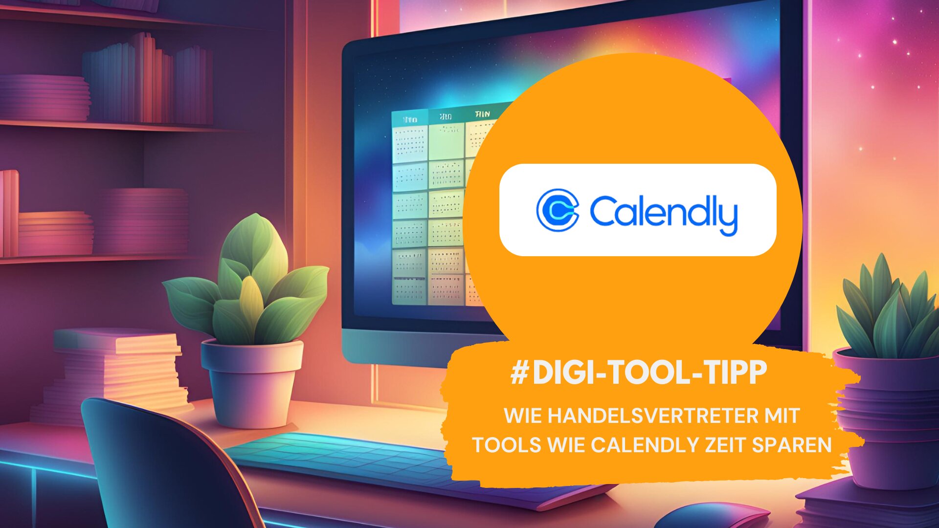 Grafik mit dem Logo von Calendly und der Aufschrift '#Digi-Tool-Tipp: Wie Handelsvertreter mit Tools wie Calendly Zeit sparen' vor einem Schreibtisch mit Computer, Pflanzen und Bücherregalen im Hintergrund.