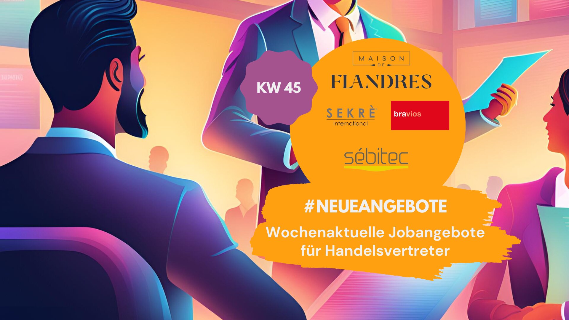 Grafik mit der Aufschrift 'KW 45 #NEUEANGEBOTE – Wochenaktuelle Jobangebote für Handelsvertreter' und Logos von Unternehmen wie Maison de Flandres, Sekrè International, bravio und sébitec, vor einem Hintergrund mit Geschäftstreffen-Szene.