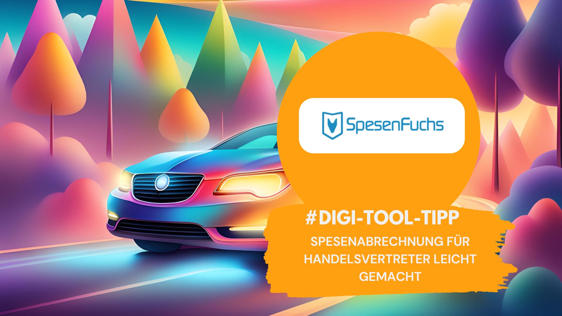 Farbenfrohe Illustration eines Autos auf einer futuristischen Straße mit dem Logo von SpesenFuchs und dem Text '#Digi-Tool-Tipp: Spesenabrechnung für Handelsvertreter leicht gemacht'.