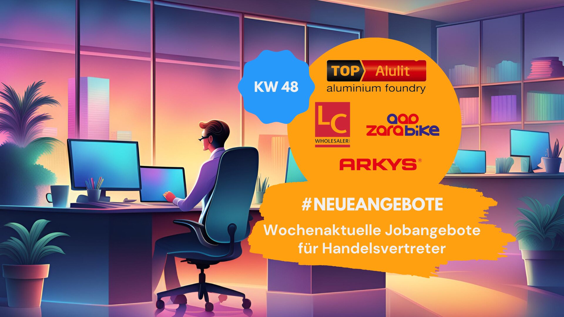 Illustration eines modernen Büros bei Sonnenuntergang mit einem Handelsvertreter am Schreibtisch, umgeben von Markenlogos wie TOP Alulit, LC Wholesaler, Zarabike und Arkys. Textoverlay: 'KW 48' und 'Wöchentliche Jobangebote für Handelsvertreter'.