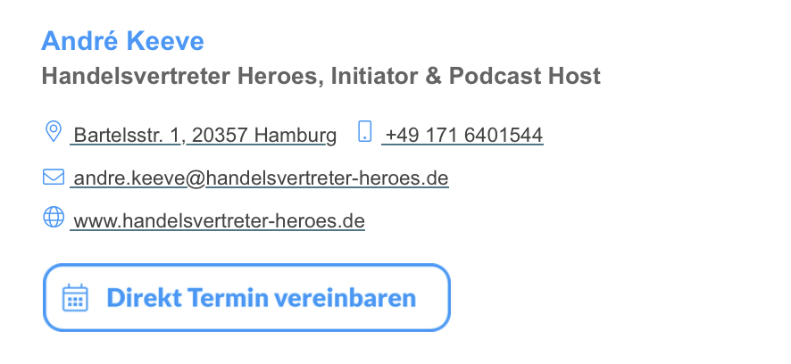 Kontaktinformation von André Keeve, Initiator von Handelsvertreter Heroes, mit Terminvereinbarungsbutton