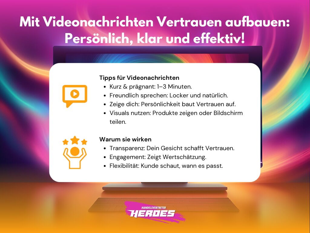 Grafik zum Thema Videonachrichten mit der Überschrift ‚Mit Videonachrichten Vertrauen aufbauen: Persönlich, klar und effektiv!‘. Enthaltene Tipps für Videonachrichten wie ‚Kurz & prägnant‘ und ‚Zeige dich‘ sowie Gründe, warum sie Vertrauen schaffen, z. B. Transparenz und Flexibilität. Farbiger Hintergrund mit Handelsvertreter Heroes-Logo.