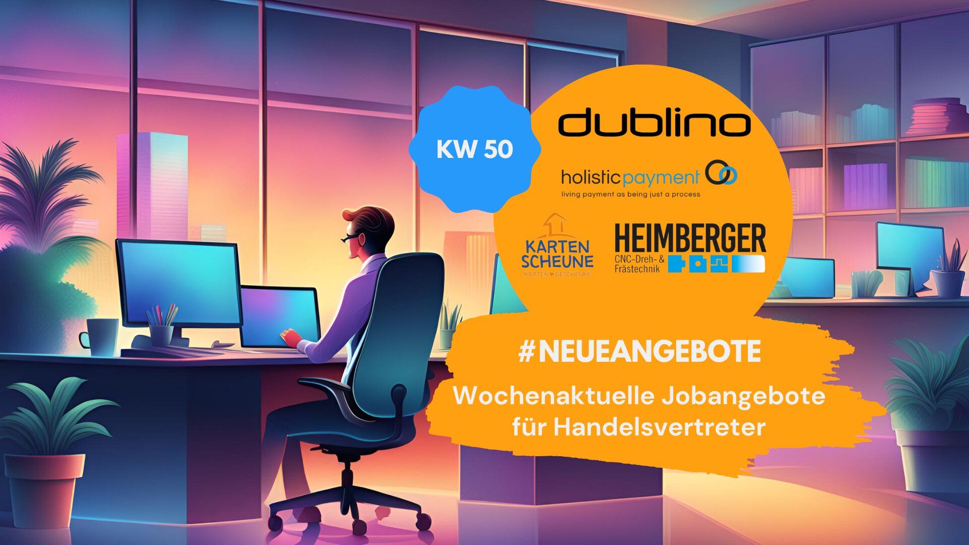 Illustration eines modernen Büros bei Sonnenuntergang mit einer Person, die am Schreibtisch arbeitet. Rechts im Bild eine orangene Fläche mit Logos von Unternehmen wie ‚dublino‘, ‚holistic payment‘, ‚Kartenscheune‘ und ‚Heimberger‘. Text: ‚#NEUEANGEBOTE – Wochenaktuelle Jobangebote für Handelsvertreter‘ mit einem blauen Badge ‚KW 50‘.