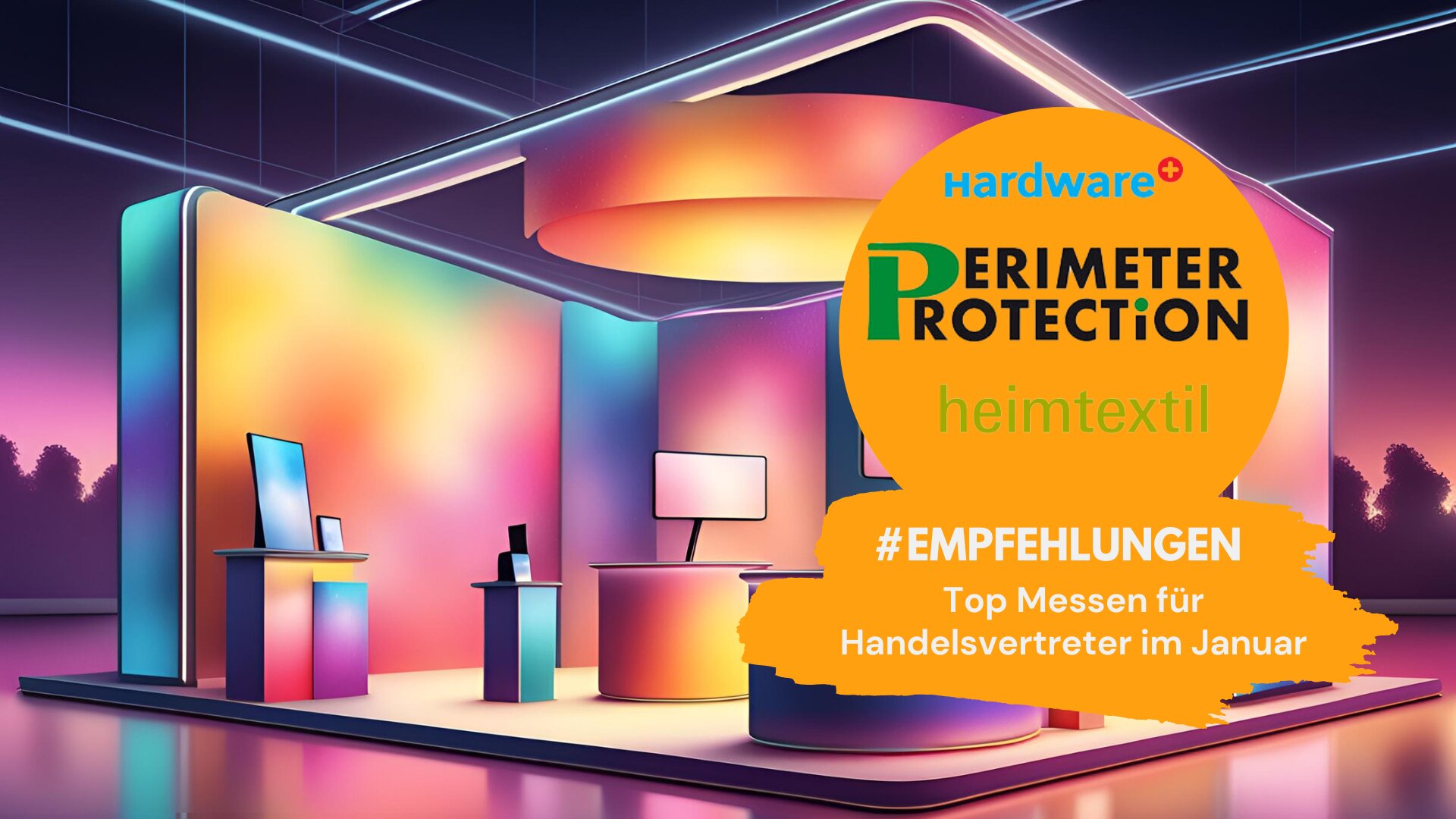 Grafik mit Messethemen im Januar für Handelsvertreter. Enthaltene Messen: Hardware+, Perimeter Protection und Heimtextil. Hintergrund zeigt eine futuristische Messehalle in bunten Farben, mit orangener Sprechblase und dem Text ‚#EMPFEHLUNGEN – Top Messen für Handelsvertreter im Januar‘.