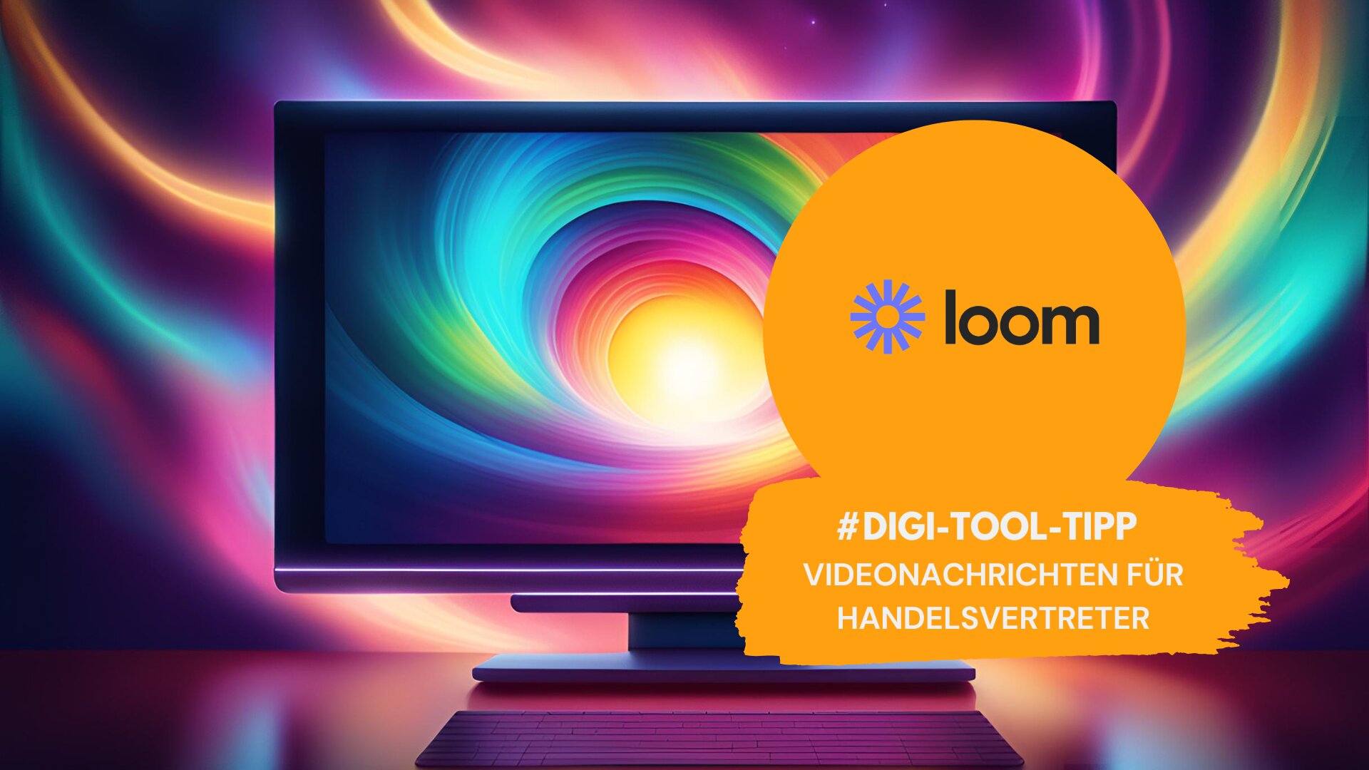 Illustration eines Monitors mit farbenfrohem Wirbel in Blau, Pink und Gelb. Auf der rechten Seite befindet sich eine große orange Fläche mit dem Loom-Logo und dem Text: ‚#DIGI-TOOL-TIPP – Videonachrichten für Handelsvertreter‘.