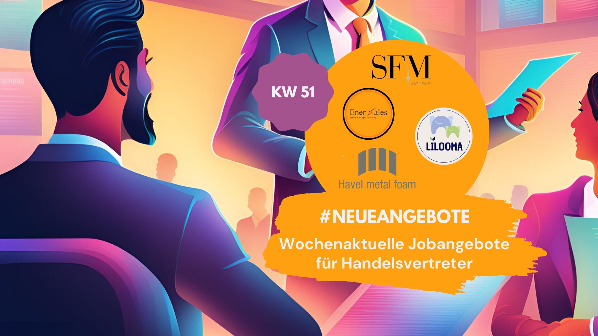 Grafik mit aktuellen Jobangeboten für Handelsvertreter in KW 51. Enthaltene Logos: SFM, EnerSales, Havel Metal Foam und LILOOMA. Im Hintergrund eine Business-Szene mit einer Person, die ein Dokument präsentiert. Text: ‚#NEUEANGEBOTE – Wochenaktuelle Jobangebote für Handelsvertreter‘.