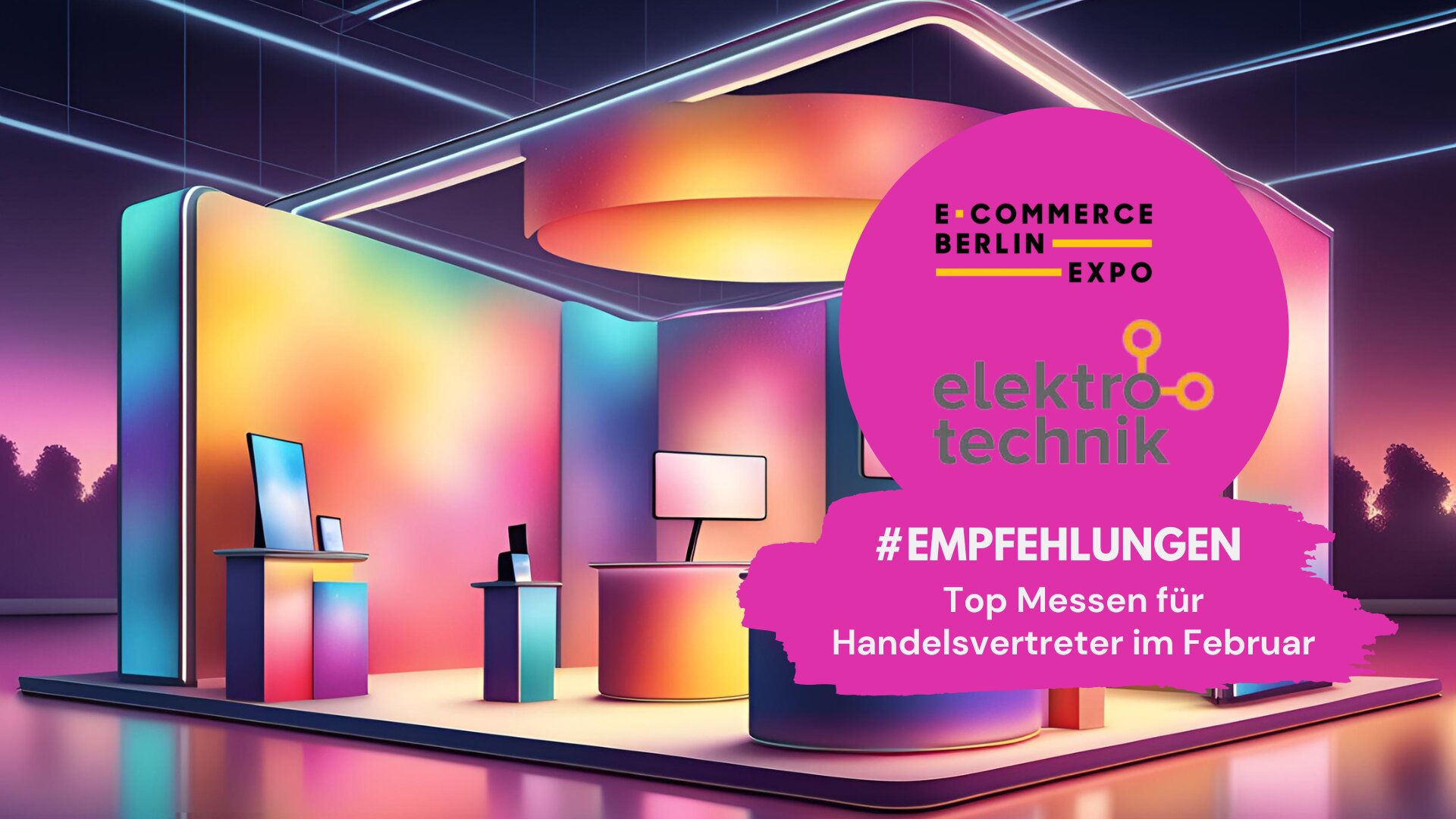 Futuristisches Messedesign mit leuchtenden Farben und modernen Ausstellungselementen. Auf einer großen pinken Fläche sind die Logos von ‚E-Commerce Berlin Expo‘ und ‚elektrotechnik‘ zu sehen. Text: ‚#EMPFEHLUNGEN – Top Messen für Handelsvertreter im Februar‘.