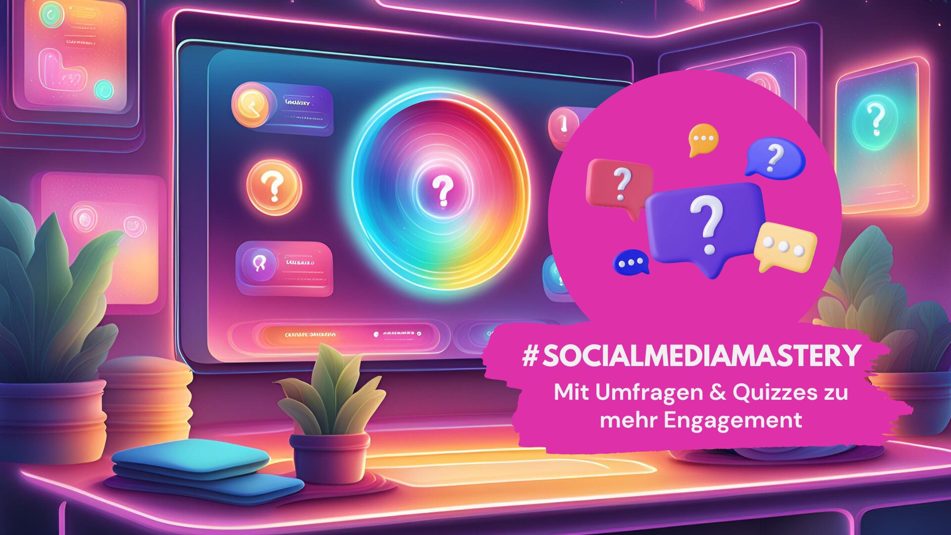 Bunte Darstellung eines interaktiven Social-Media-Dashboards mit Sprechblasen und Fragezeichen, die Engagement und Interaktivität symbolisieren. Im Vordergrund der Schriftzug „#SOCIALMEDIAMASTERY: Mit Umfragen & Quizzes zu mehr Engagement.