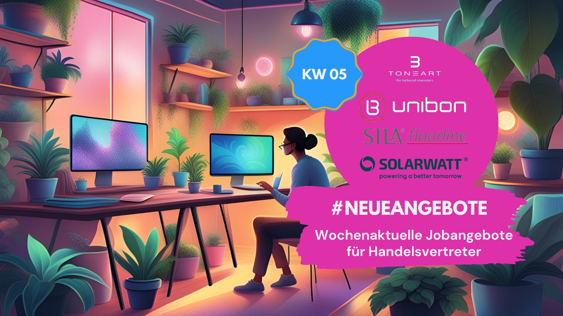 Illustration eines modernen Home-Office mit Pflanzen und Computern. Ein Handelsvertreter arbeitet am Schreibtisch. Im Vordergrund befindet sich ein pinker Infoblock mit den Logos von Toneart, Unibon, SILA Floorline und SOLARWATT sowie dem Text '#NEUEANGEBOTE – Wochenaktuelle Jobangebote für Handelsvertreter' und dem Hinweis auf die Kalenderwoche 05.