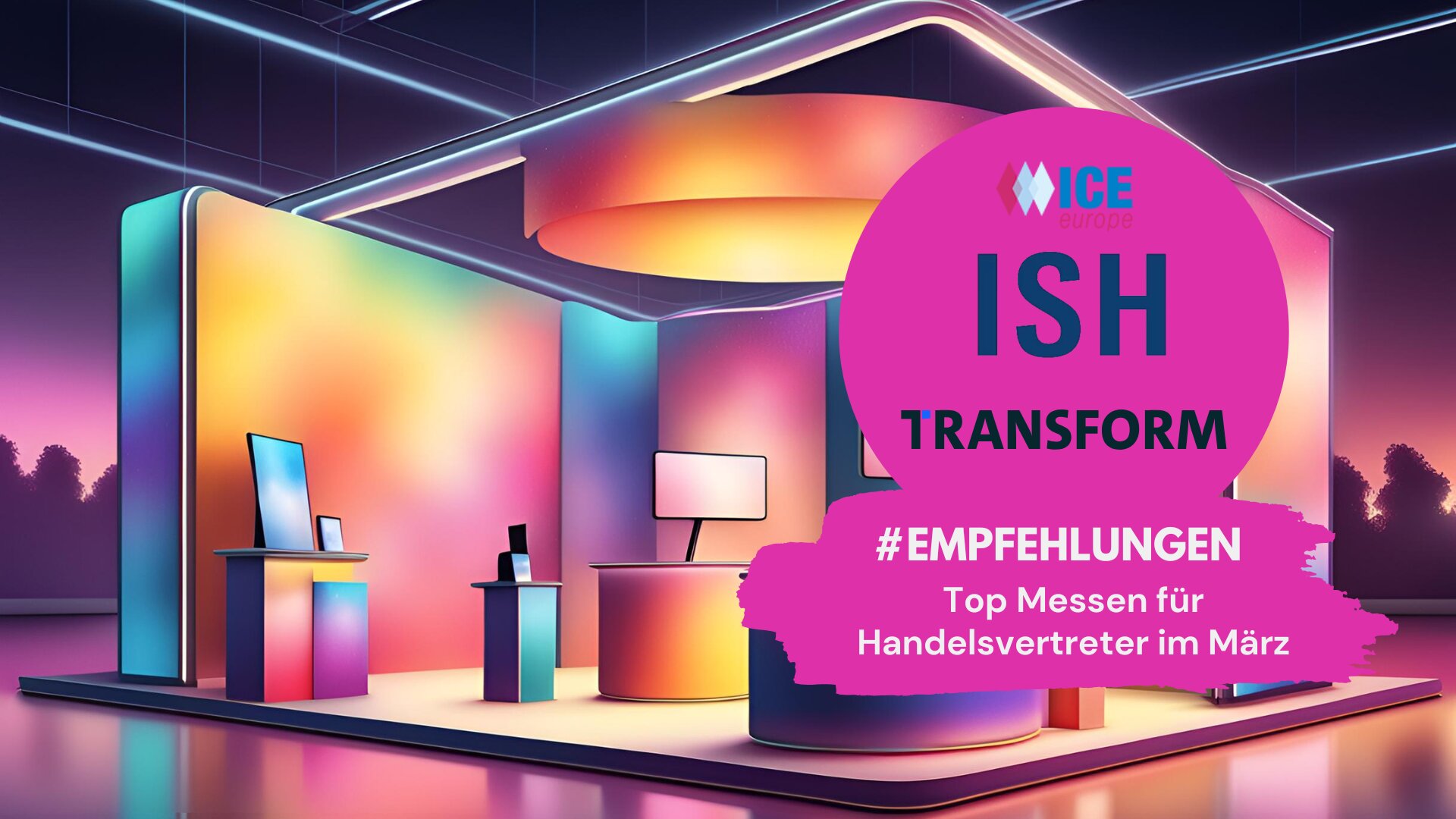 Illustration eines modernen, futuristisch gestalteten Messestandes mit bunten, leuchtenden Farben und digitalen Displays. Im Vordergrund befindet sich ein großer, pinker Infobanner mit den Logos der Messen ICE Europe, ISH und TRANSFORM. Der Text auf dem Banner lautet: „#EMPFEHLUNGEN – Top Messen für Handelsvertreter im März“.