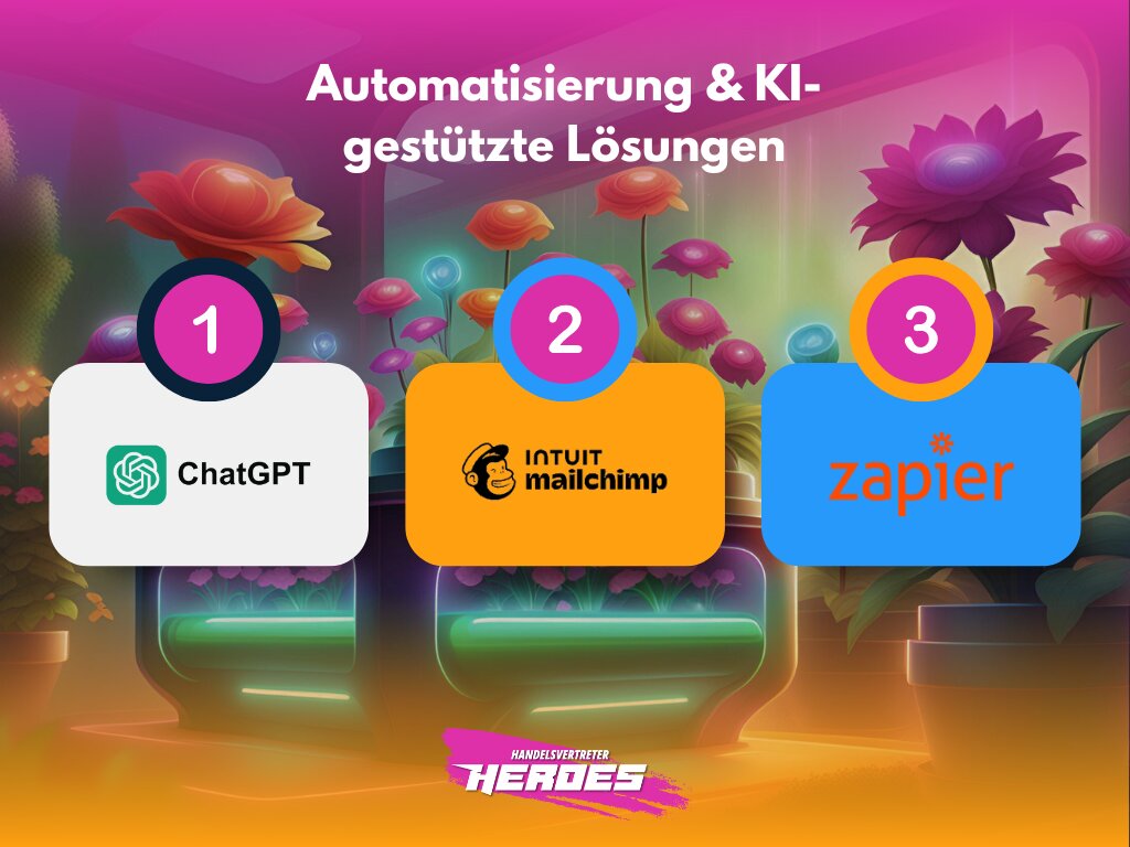 Eine bunte, futuristische Umgebung mit Pflanzen und digitalen Schnittstellen. Drei Automatisierungs- und KI-Tools sind hervorgehoben: ChatGPT, Mailchimp und Zapier, nummeriert von 1 bis 3. Branding von "Handelsvertreter Heroes" ist sichtbar.