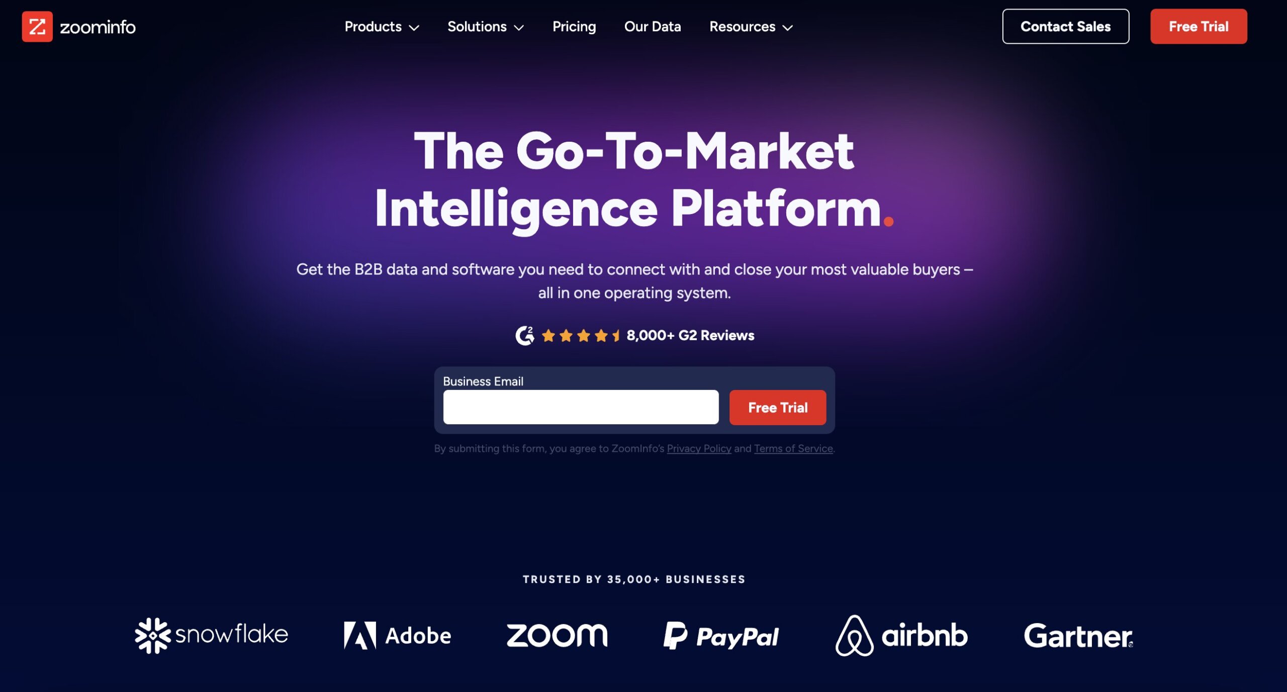Screenshot der ZoomInfo-Website mit dem Slogan 'The Go-To-Market Intelligence Platform'. Die Seite bietet B2B-Daten und Software zur Kundenakquise. In der Mitte ein Eingabefeld für die Business-E-Mail mit einem roten 'Free Trial'-Button. Logos von Unternehmen wie Snowflake, Adobe, Zoom, PayPal, Airbnb und Gartner sind am unteren Rand zu sehen, als Hinweis auf vertrauende Kunden.