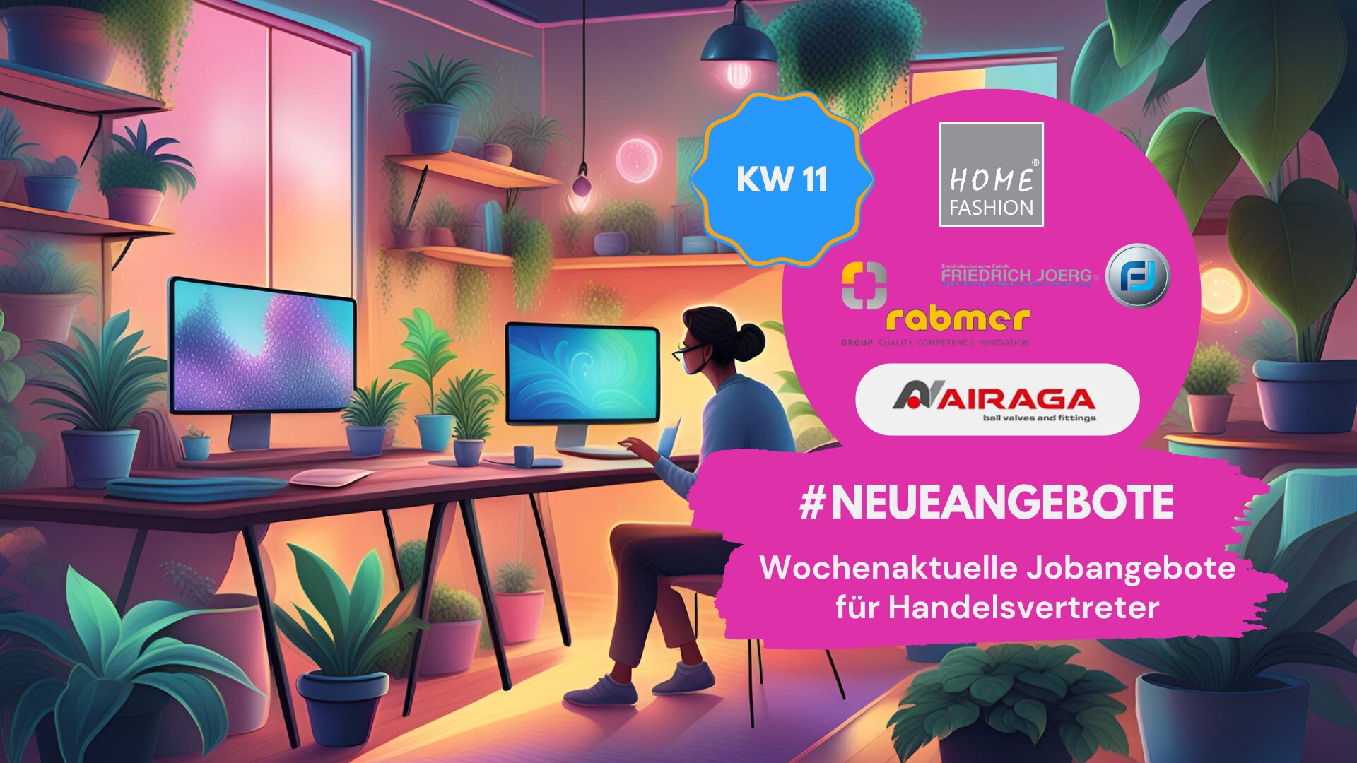 Bunte Illustration eines modernen Home-Office-Arbeitsplatzes mit vielen Pflanzen, zwei Monitoren und einer Frau, die am Computer arbeitet. Ein großer pinker Kreis zeigt die Logos der Unternehmen „Home Fashion“, „Friedrich Joerg“, „rabmer“, „Airaga“ und ein weiteres Logo. Darüber ein blaues Label mit „KW 11“. Darunter die Überschrift „#NEUEANGEBOTE – Wochenaktuelle Jobangebote für Handelsvertreter“. Die Szene vermittelt eine inspirierende, digitale Arbeitsatmosphäre.