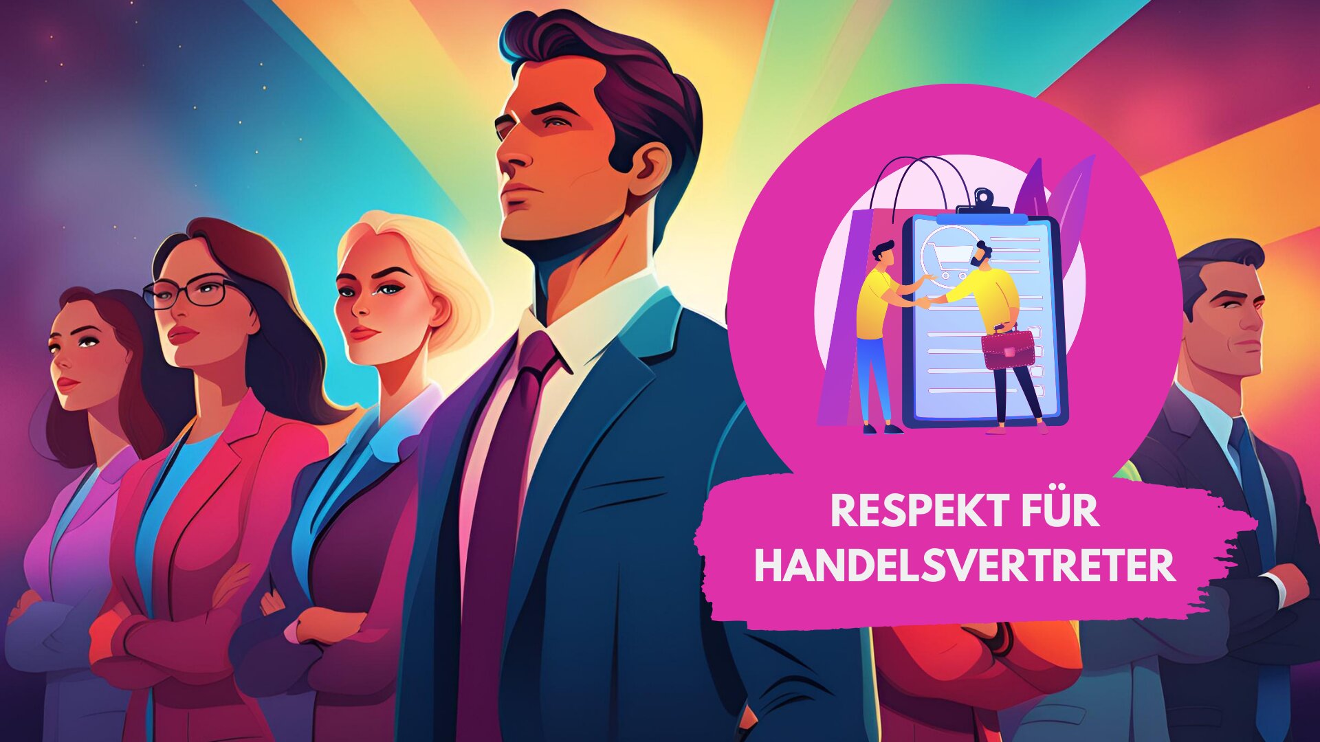 Illustration einer Gruppe selbstbewusster Handelsvertreterinnen und Handelsvertreter in Business-Outfits, die entschlossen in die Ferne blicken. Rechts im Bild ein pinker Kreis mit Symbolgrafik eines Handschlags vor einem Vertrag. Darunter ein pinkes Banner mit dem Schriftzug: „Respekt für Handelsvertreter“.
