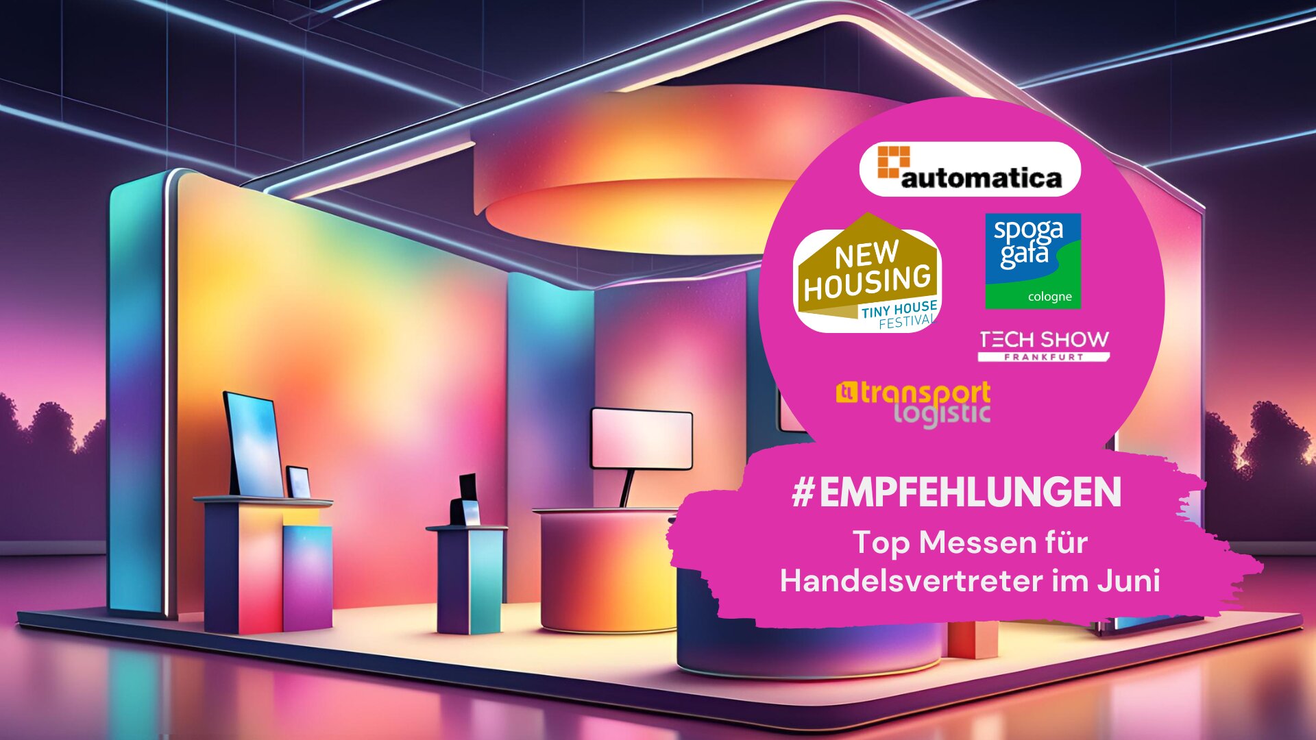Bunte, futuristische Messeszene mit beleuchtetem Stand und Screens, ergänzt durch Logos der Messen "automatica", "New Housing", "spoga+gafa", "Tech Show Frankfurt" und "transport logistic" im pinken Kreis mit dem Text: "#EMPFEHLUNGEN – Top Messen für Handelsvertreter im Juni".