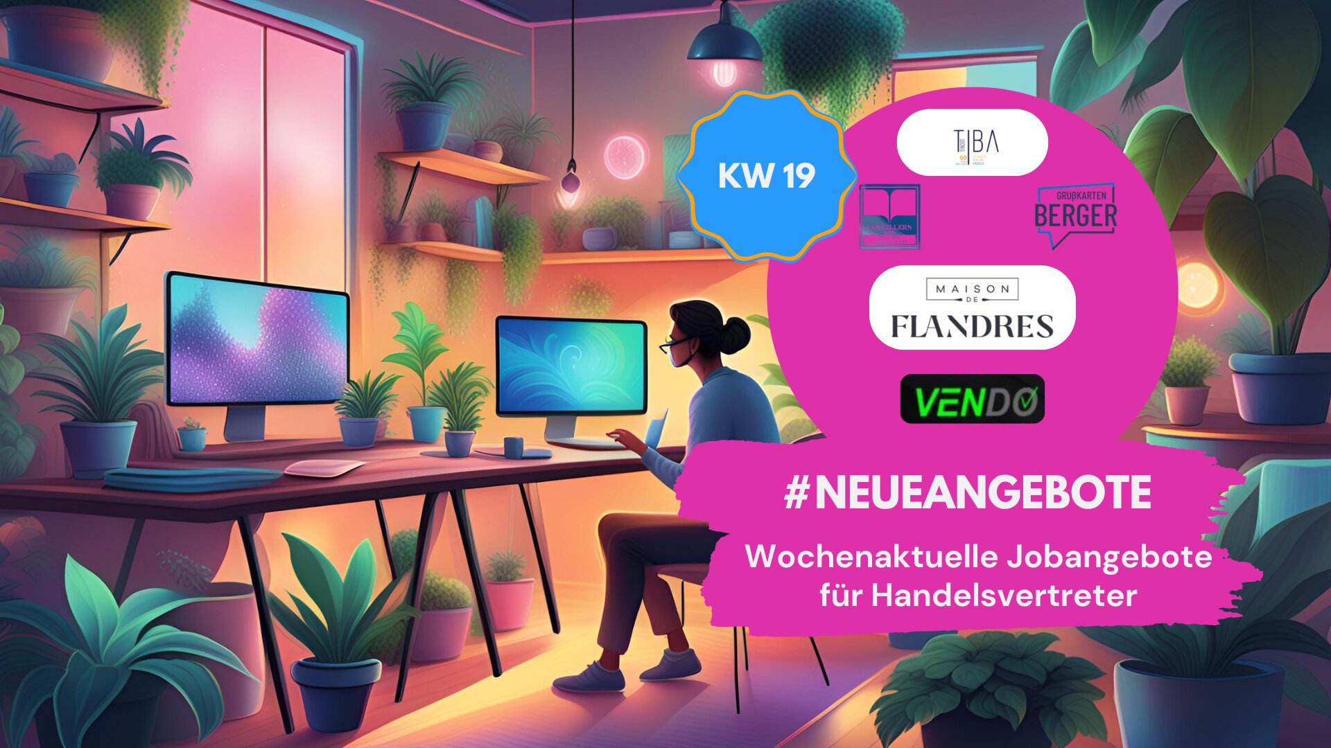 Illustration eines modernen, bunt beleuchteten Homeoffice-Arbeitsplatzes mit vielen Pflanzen. Eine Person sitzt am Schreibtisch vor zwei Monitoren. Im Vordergrund befindet sich ein großer pinker Kreis mit den Logos von TIBA Trimmings, Van Gülpen, Grußkarten Berger, Maison de Flandres und Vendo. Oben links im Kreis ist ein blaues Badge mit „KW 19“. Darunter ein pinkes Banner mit der Aufschrift: „#NEUEANGEBOTE – Wochenaktuelle Jobangebote für Handelsvertreter“.