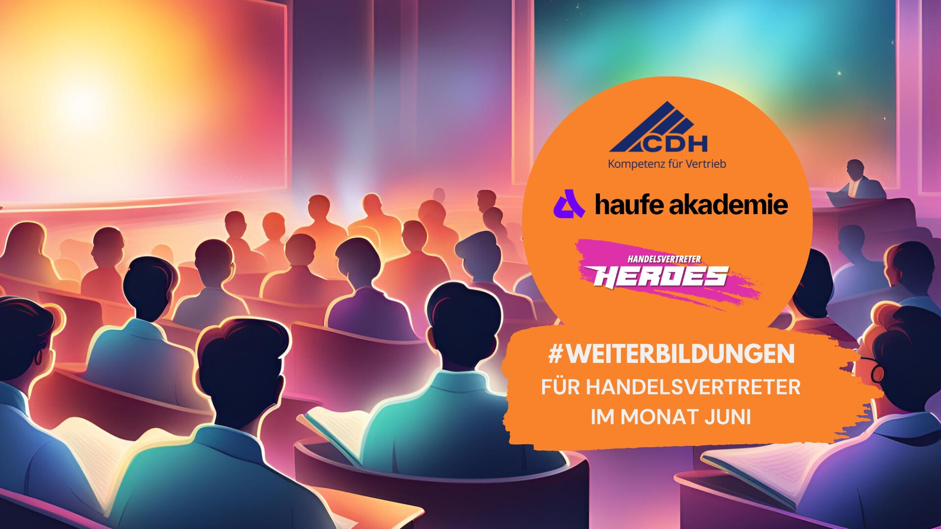 Illustration eines modern beleuchteten Seminarraums mit zahlreichen Teilnehmenden. Rechts ein orangefarbener Infokreis mit Logos von CDH, Haufe Akademie und Handelsvertreter Heroes sowie der Text: „#WEITERBILDUNGEN für Handelsvertreter im Monat Juni“.