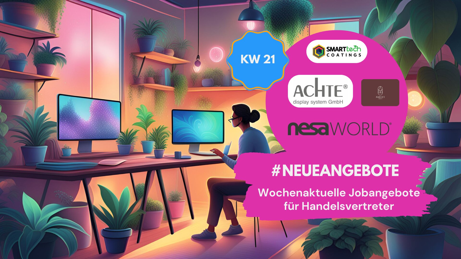 Illustration eines modern eingerichteten Homeoffice mit einer Person am Schreibtisch vor zwei Monitoren. Auf der rechten Seite befindet sich ein pinker Infokreis mit der Aufschrift „KW 21“ und den Logos von Smarttech Coatings, ACHTE display system GmbH, Amlet, nesaWORLD. Darunter steht: „#NEUEANGEBOTE – Wochenaktuelle Jobangebote für Handelsvertreter“.