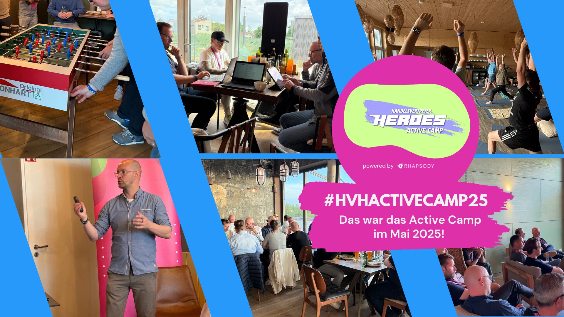 Collage mit Momentaufnahmen vom HVH Active Camp im Mai 2025: Vertriebsprofis im intensiven Austausch, beim gemeinsamen Workshop, Sport-Session, Tischkicker-Duell und Impulsvortrag. Im Zentrum das Logo „Handelsvertreter Heroes Active Camp“ mit dem Hashtag #HVHACTIVECAMP25.